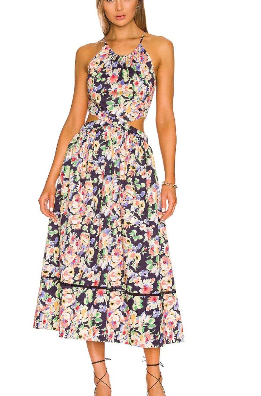 Something Navy Floral Cut Out Midi Dress SMALL Fit Flare Vacation Designer $200